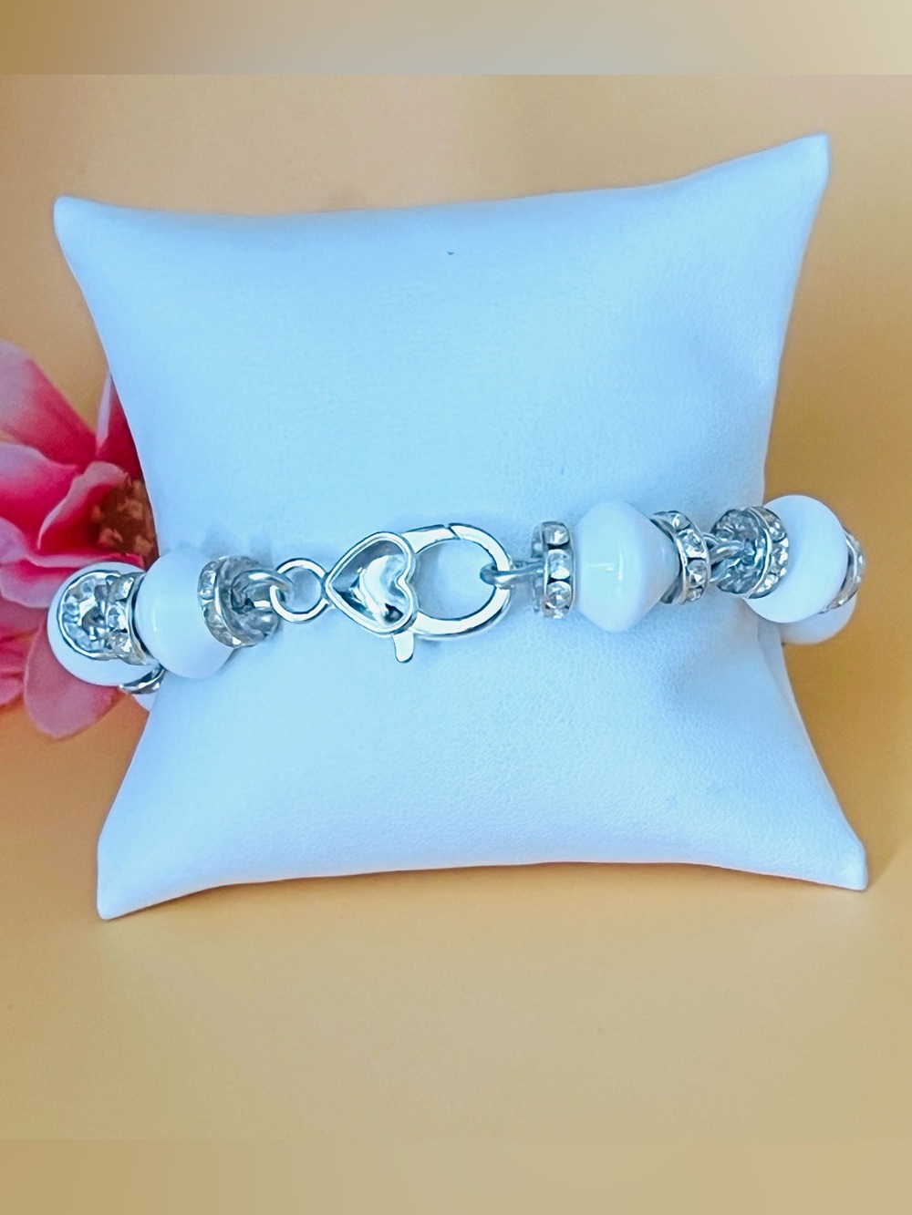 White lucite Beads and Crystal Accent Women's Bracelet